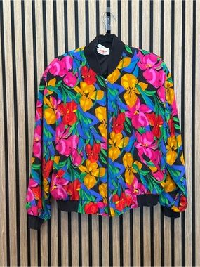 Alia Floral Bomber Jacket in Black with Pink, Yellow & Red Flowers